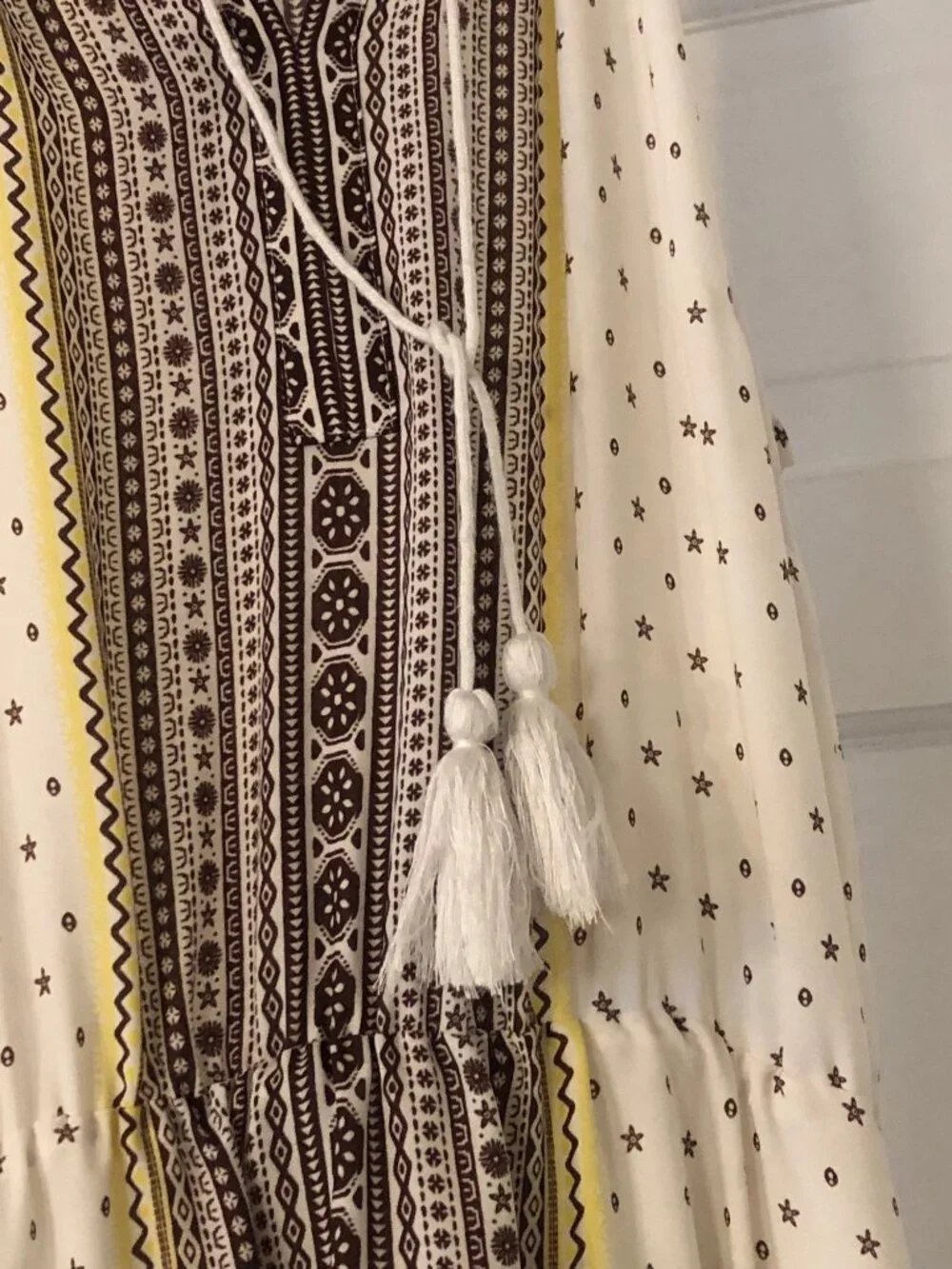 Maxi Length Cream Brown Yellow Bono Style Spaghetti Strap w/ Tassel Dress Sz M